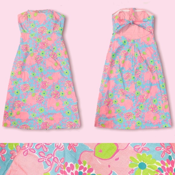 VTG LILLY PULITZER WHITE LABEL Pink Elefrance Strapless Back Tie Sabrina Dress